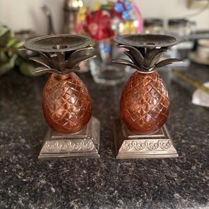 Vintage Orange Glass Pineapple Brass Sticks